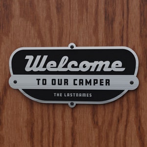Welcome To Our Camper Metallic Sign Streamline Trailer Style Custom Text Laser Cut Typography Mid-Century Modern Art Deco Retro Sign image 1