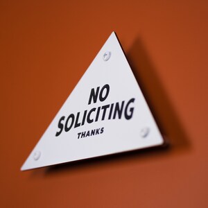 No Soliciting Sign Thanks Triangular Pyramid Laser Cut Mid-Century Typography Retro Modern Sans Serif Lettering image 8