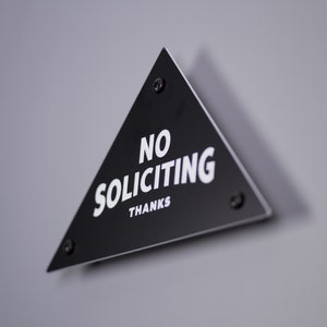 No Soliciting Sign Thanks Triangular Pyramid Laser Cut Mid-Century Typography Retro Modern Sans Serif Lettering image 4