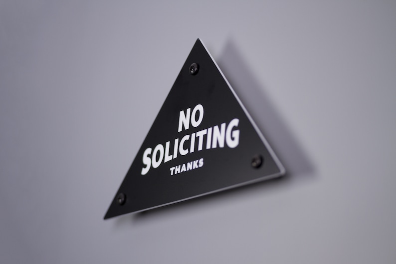 No Soliciting Sign Thanks Triangular Pyramid Laser Cut Mid-Century Typography Retro Modern Sans Serif Lettering image 4