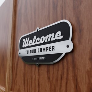 Welcome To Our Camper Metallic Sign Streamline Trailer Style Custom Text Laser Cut Typography Mid-Century Modern Art Deco Retro Sign image 3