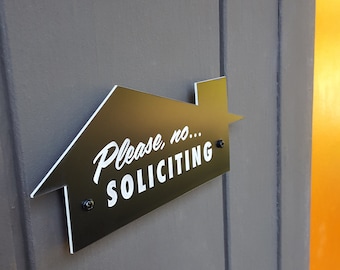 Mid-Century Modern No Soliciting Sign - Please No Soliciting - Laser Cut Typography Retro House Outline