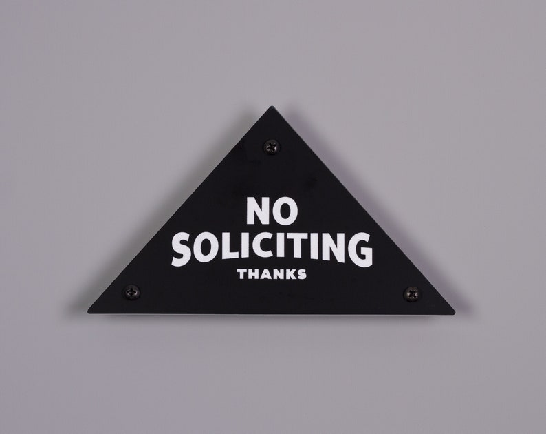 No Soliciting Sign Thanks Triangular Pyramid Laser Cut Mid-Century Typography Retro Modern Sans Serif Lettering image 1