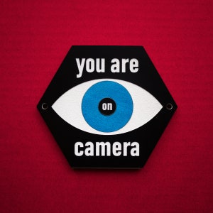 You Are On Camera Sign - Mid-Century Modern Surveillance Sign - Laser Cut Typography Retro Eye