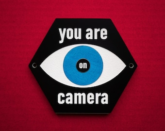 You Are On Camera Sign - Mid-Century Modern Surveillance Sign - Laser Cut Typography Retro Eye