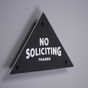 No Soliciting Sign Thanks Triangular Pyramid Laser Cut Mid-Century Typography Retro Modern Sans Serif Lettering image 2