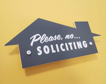 Mid-Century Modern No Soliciting Sign - Please No Soliciting - Laser Cut Typography Retro House Outline