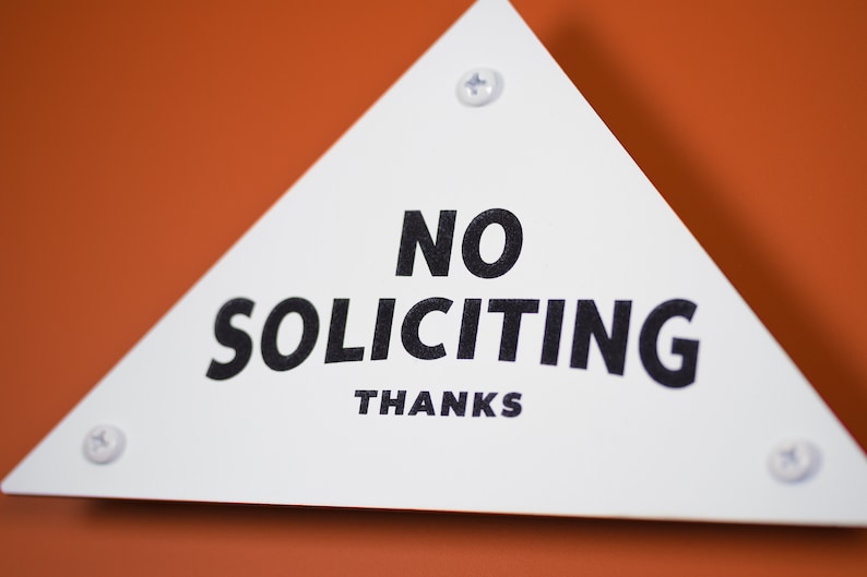 No Soliciting Sign Thanks Triangular Pyramid Laser Cut Mid-Century Typography Retro Modern Sans Serif Lettering image 7