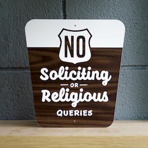 No Soliciting Or Religious Queries Sign National Parks Style Laser Cut Typography Mid-Century Modern Retro Wilderness Sign image 1