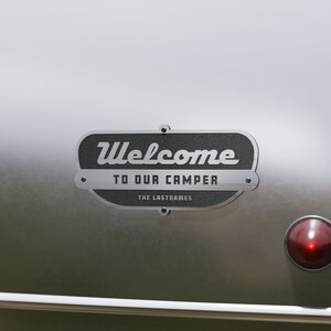 Welcome To Our Camper Metallic Sign Streamline Trailer Style Custom Text Laser Cut Typography Mid-Century Modern Art Deco Retro Sign image 5