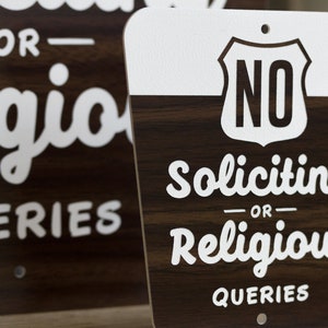 No Soliciting Or Religious Queries Sign National Parks Style Laser Cut Typography Mid-Century Modern Retro Wilderness Sign image 3