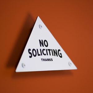 No Soliciting Sign Thanks Triangular Pyramid Laser Cut Mid-Century Typography Retro Modern Sans Serif Lettering image 9