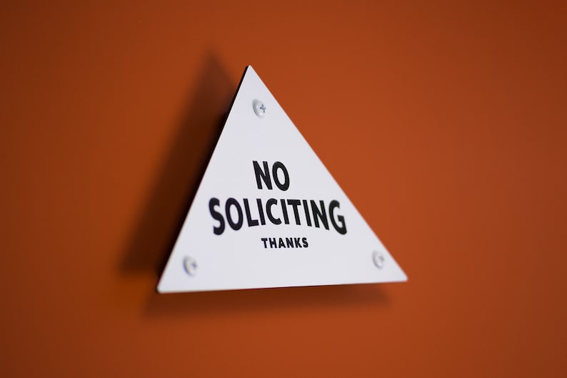 No Soliciting Sign Thanks Triangular Pyramid Laser Cut Mid-Century Typography Retro Modern Sans Serif Lettering image 9