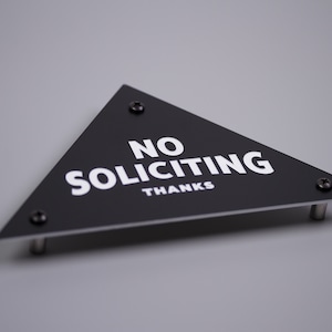 No Soliciting Sign Thanks Triangular Pyramid Laser Cut Mid-Century Typography Retro Modern Sans Serif Lettering image 3