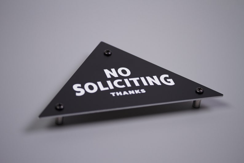 No Soliciting Sign Thanks Triangular Pyramid Laser Cut Mid-Century Typography Retro Modern Sans Serif Lettering image 3