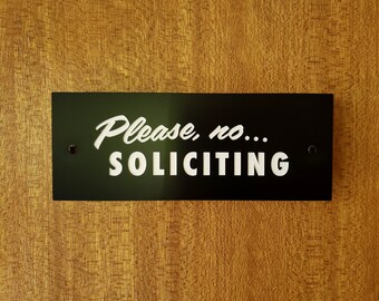 Brown Wood Grain with White Lettering Laser Engraved Acrylic No Soliciting Sign