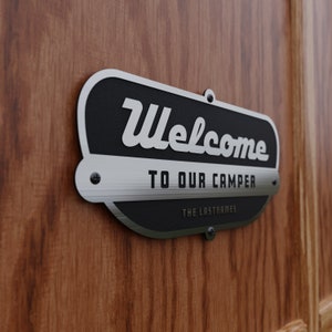 Welcome To Our Camper Metallic Sign Streamline Trailer Style Custom Text Laser Cut Typography Mid-Century Modern Art Deco Retro Sign image 4