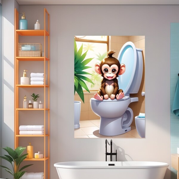 PRINTABLE baby monkey Wall Art, Funny Bathroom Decor, monkey in Toilet, Animal in and on toilet, Petshop Art, Nursey Art, Animal Gift