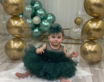 Emerald Green Baby Dress, Christmas Photo Shoot Girl Dress, Puffy First Birthday Dress, Personalized Girl Dresses