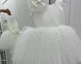 Ivory V-Back Flower Girl Dress: Handmade Tulle Baptism Gown