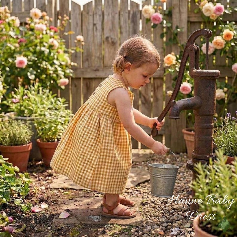 May include: A young child wearing a yellow gingham dress and brown sandals is pumping water from a vintage well. The scene is set in a garden with a wooden fence, flowers, and potted plants. The text "Hanne Baby Dress" is visible.
