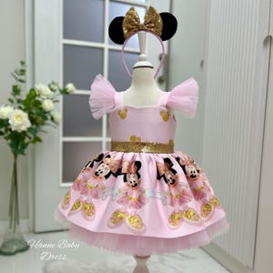 Pink and Gold Minnie Mouse Dress, Disney Inspired Minnie Mouse Costume, Cute Minnie Mouse Birthday Dress, Minnie Mouse Headband, Girls Gift