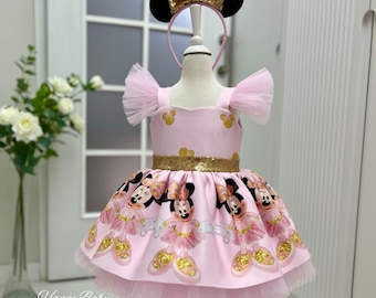 Pink and Gold Minnie Mouse Dress, Disney Inspired Minnie Mouse Costume, Cute Minnie Mouse Birthday Dress, Minnie Mouse Headband, Girls Gift