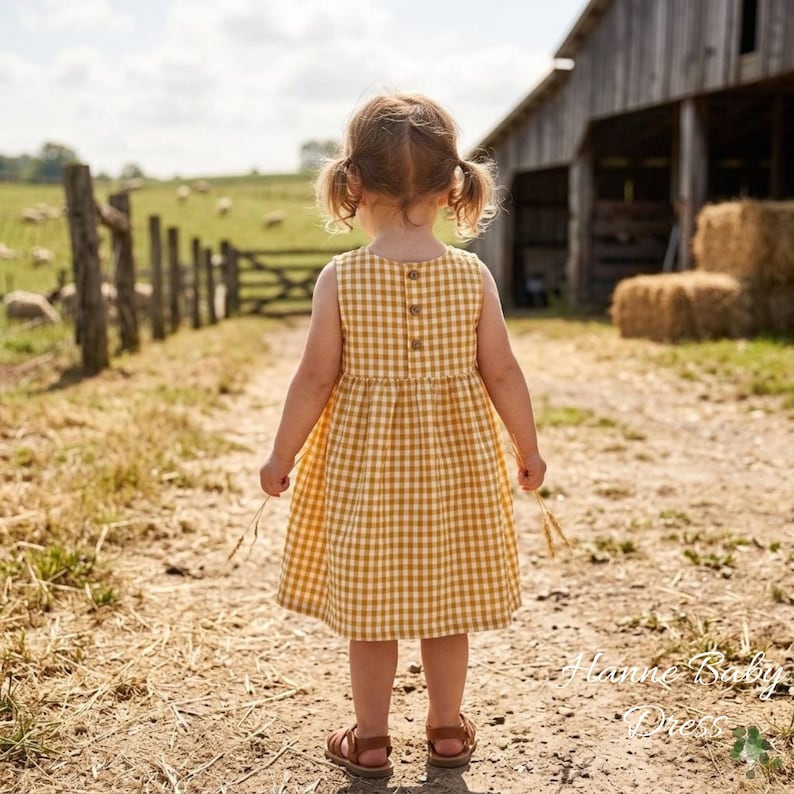 May include: A young child wearing a sleeveless, yellow and white gingham dress with brown sandals stands on a dirt path. The dress has a button-up back. The child is facing away from the camera, looking towards a wooden fence and barn in the background.