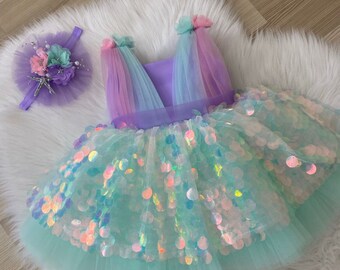 Mermaid Birthday Baby Dress, First Birthday Girl's Dress, Birthday Photo Shoot , Mermaid Party Costume, Baby Girl Special Occasion Dress,