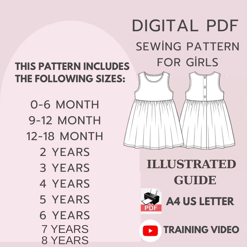 May include: Digital PDF sewing pattern for girls, including sizes from 0-6 months to 8 years. The image shows a dress illustration, an illustrated guide, and a training video. The pattern is available in A4 and US letter sizes.