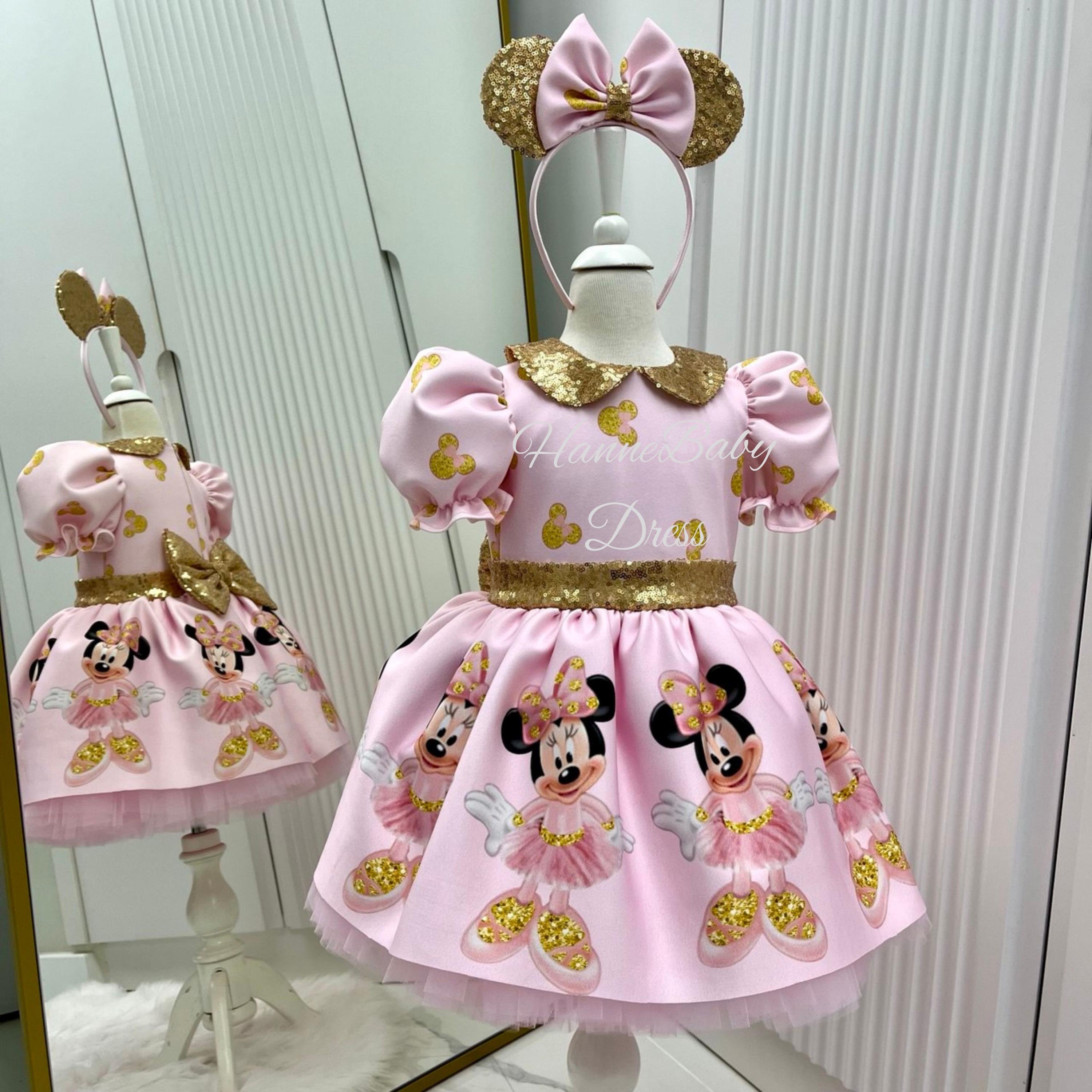 Pink And Gold Cute Minnie Mouse Dress, Disney Dress For Girl's, Minnie Mouse Themed Birthday Outfit, Birthday Gift For Girls, Christmas Gift