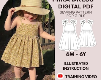 May include: A digital PDF sewing pattern for the Mira dress, featuring a yellow floral print dress with tie straps, a straw hat, and line art illustrations of the dress design. The text includes MIRA DRESS DIGITAL PDF, SEWING PATTERN FOR GIRLS, 6M-6Y, ILLUSTRATED INSTRUCTION, TRAINING VIDEO, and A4 US LETTER.