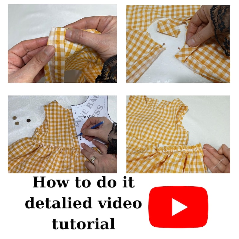 May include: A step-by-step sewing tutorial with close-up shots of fabric manipulation. The fabric is yellow and white checkered. The tutorial includes the text "How to do it detailed video tutorial" and a YouTube logo.
