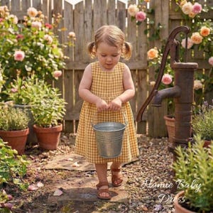 May include: A young child wearing a yellow gingham dress and brown sandals carries a metal bucket filled with water. The child is in a garden with a water pump and flowers. The text "Hanne Baby Dress" is visible.