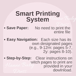 May include: A light pink graphic with the text "Smart Printing System." Bullet points detail features: "Save Paper," "Easy Navigation," and "Step-by-Step." Additional text explains the system's functionality, including designated pages for different sizes.