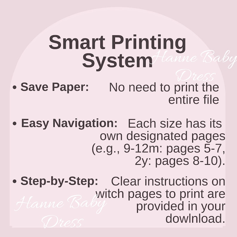 May include: A light pink graphic with the text "Smart Printing System." Bullet points detail features: "Save Paper," "Easy Navigation," and "Step-by-Step." Additional text explains the system's functionality, including designated pages for different sizes.