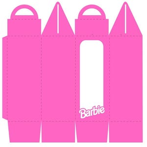 May include: A flat, unfolded pink gift box template with a handle and a window. The box features the word "Barbie" in white script. The design includes dotted lines for folding and cutting.