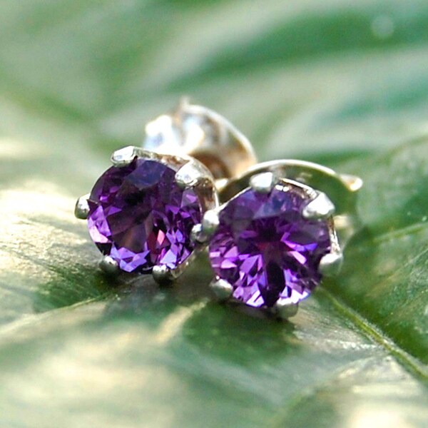 Genuine Amethyst Stud Earrings Precision Facetted by Swarogem Set in Sterling Prong Setting