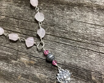 Lotus & Rose Quartz Pendant Necklace, Wire Wrapped Gemstone Links, Sterling Silver Charm, Y Drop, Pale Pink, Gemstone Jewelry, Flower, Calm