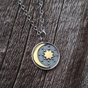 My Moon and Sun and Stars, Mixed Metal Charm Necklace, Sterling Silver,  Celestial Jewelry