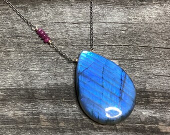 Blue Flash Labradorite Pendant with Ruby Stack Necklace, Sterling Silver Chain, Large Gemstone Pendant, Gemstone Jewelry, Asymmetrical