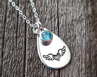 Give My Heart Wings, Charm Necklace, Sterling Silver, Birthstone Jewelry, Free Spirit, Flying Heart, Winged Heart, Teardrop Pendant