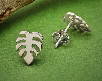 Monstera Leaf Sterling Silver Post Earrings, Tiny Studs, Clutch Back, Petite Jewelry, Tropical Leaves, Botanical, Modern Minimalism, Nature
