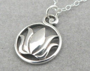 Lotus in Ring sterling silver flower charm necklace zen botanical jewelry