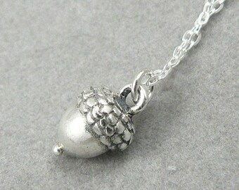 Acorn solid sterling silver tiny charm pendant necklace