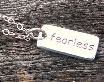 Fearless sterling silver mantra tab necklace, personal talisman, jewelry, tag pendant, charm jewelry