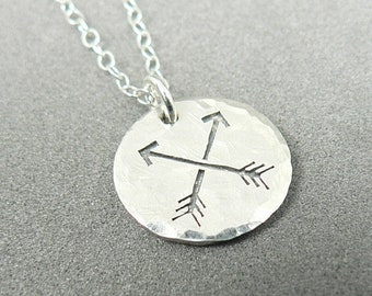 Crossed Arrows Sterling Silver Hammered Charm Necklace, Friendship, Two Arrows, Textured Pendant, Archer, Archery Jewelry