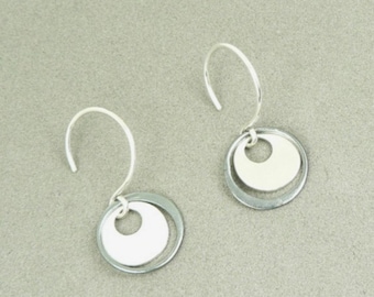 Round Circle Sterling Silver Layer Earrings Petite French Hooks Rings Drop Tiny Layered Modern Minimalism