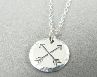 Crossed Arrows Sterling Silver Hammered Deckle Edge Charm Necklace Friendship Two Arrows Textured Pendant Archer Archery Jewelry