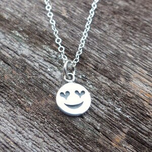 Sterling Silver Heart Eyes Emoji Necklace. Tiny Love Pendant